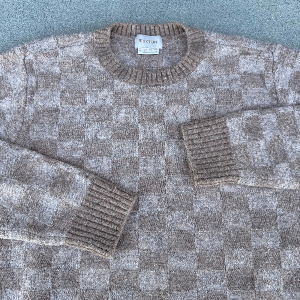 Brixton Women XS Tan Beige Checkered Crew Neck Knit Sweater